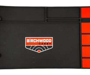 Black Birchwood Casey parts tray with five orange compartments on the right, used to organize tools or parts.