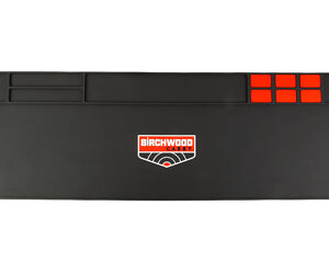 Long black Birchwood Casey mat with red rectangular compartments on the right and logo in the center.