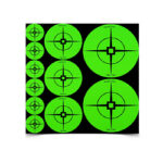 Neon green bullseye target reticles in a grid on a black background, with a vertical row of smaller targets along the left edge.