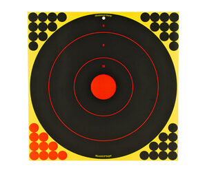 A square yellow target board with large black bullseye rings and a red center, plus clustered black and red holes in the corners indicating hits.