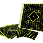 Target practice kit: a white-framed target board with neon yellow grid and diamond targets, plus several matching neon-yellow/black score cards on a white background.