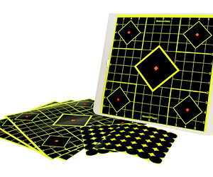 Target practice kit: a white-framed target board with neon yellow grid and diamond targets, plus several matching neon-yellow/black score cards on a white background.