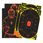Comic-style illustration of a man aiming a handgun beside overlapping black and yellow shooting target sheets.