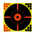 Abstract geometric target design on a yellow background: a black central circle with orange rings and crosshair lines, a central orange diamond, and red/black dot clusters in each corner.