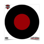 Target face with a black outer ring and red bullseye on a white background; logos appear in the top-left and bottom-right corners.