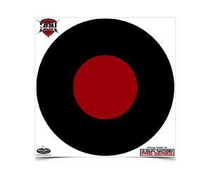 Target face with a black outer ring and red bullseye on a white background; logos appear in the top-left and bottom-right corners.