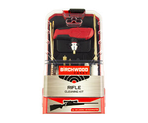 Birchwood Casey Rifle Cleaning Kit in clear blister packaging with red accents and visible cleaning rods and brushes.