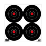 Four black circular target discs with red bullseyes arranged in a 2-by-2 grid on a white background.