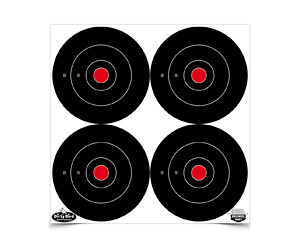 Four black circular target discs with red bullseyes arranged in a 2-by-2 grid on a white background.
