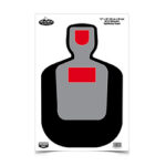 Target silhouette for shooting practice: black outer shape with a gray torso and red head and chest scoring zones.