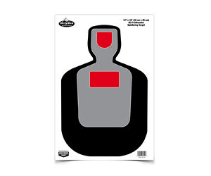 Target silhouette for shooting practice: black outer shape with a gray torso and red head and chest scoring zones.