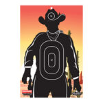 Silhouette of a cowboy in black with a white target mark on the chest, standing in front of a desert sunset with cacti in the background.