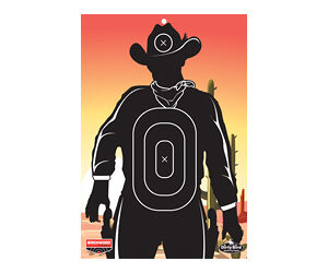 Silhouette of a cowboy in black with a white target mark on the chest, standing in front of a desert sunset with cacti in the background.