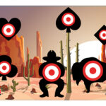 Cartoon desert scene with black animals bearing red bullseye targets on their torsos; cacti, rock formations, and a sunset backdrop.