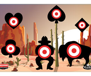 Cartoon desert scene with black animals bearing red bullseye targets on their torsos; cacti, rock formations, and a sunset backdrop.