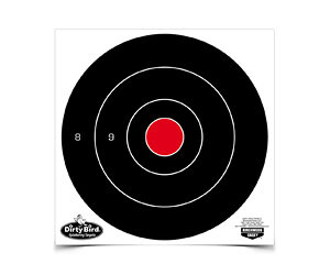 Target with black rings and a red bullseye; numbers 8 and 9 on the left ring, Dirty Bird logo bottom left.