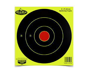 Bright neon yellow target paper with black concentric rings and a red center; visible score numbers 8 and 9.