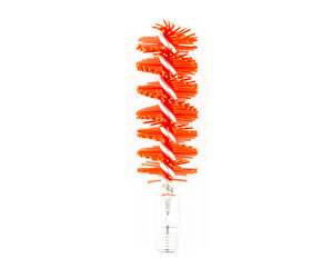 Orange mascara wand with twisted bristles on a clear handle.