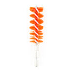 Orange spiral-bristle bottle cleaning brush with a clear plastic handle for scrubbing narrow openings in bottles