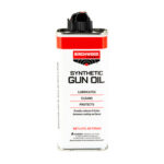 Birchwood brand synthetic gun oil can with red cap and label reading 'Synthetic Gun Oil' (gun maintenance product).