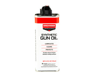 Birchwood brand synthetic gun oil can with red cap and label reading 'Synthetic Gun Oil' (gun maintenance product).