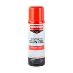Can of Birchwood Synthetic Gun Oil spray with an orange cap; label indicates lubricant for guns, used to lubricate, clean and protect firearms.