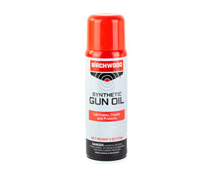 Can of Birchwood Synthetic Gun Oil spray with an orange cap; label indicates lubricant for guns, used to lubricate, clean and protect firearms.