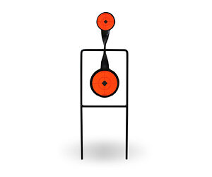 Target practice stand with orange circular bullseye targets mounted on a metal frame.