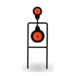 Target practice stand with two orange bullseye targets on a black metal frame to shoot at.
