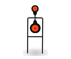 Target practice stand with two orange bullseye targets on a black metal frame to shoot at.