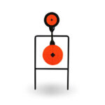 Orange target on a black stand, with a hanging upper target, set against a white background (archery/target practice scene).