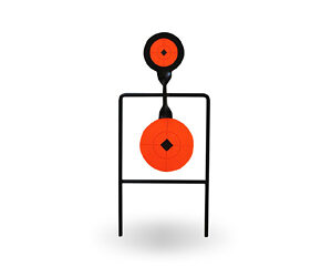 Orange target on a black stand, with a hanging upper target, set against a white background (archery/target practice scene).
