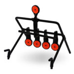 Black metal weight rack with an adjustable bar holding five orange weight plates, isolated on a white background.