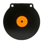 Black circular steel target with an orange center bullseye and two top mounting tabs.