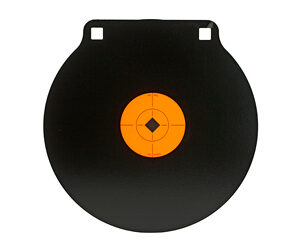 Black circular steel target with an orange center bullseye and two top mounting tabs.