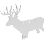 White decorative silhouette of a standing reindeer with small body cutouts, likely a Christmas ornament or decoration