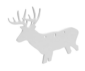 White decorative silhouette of a standing reindeer with small body cutouts, likely a Christmas ornament or decoration