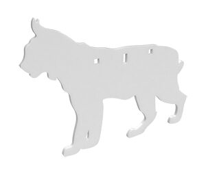 Gray dog silhouette cutout facing left, standing on four legs (decorative piece).