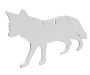 Light gray silhouette of a dog mid-stride, as if walking or running, in a cutout style.