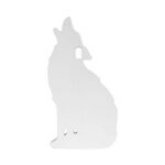 Gray silhouette of a seated rabbit facing left with a small cutout in its chest area.