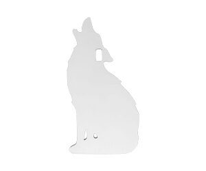 Gray silhouette of a seated rabbit facing left with a small cutout in its chest area.
