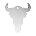 Gray longhorn skull silhouette with upright horns, decorative wall plaque on white background.