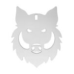 Gray stylized wolf head emblem silhouette facing forward with pointed ears and a fierce expression.