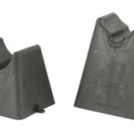 Two gray plastic bookends with curved book-supported notches, shown on a white background.