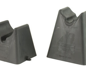 Two gray plastic bookends with curved book-supported notches, shown on a white background.