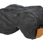 Dark gray U-shaped travel neck pillow with tan brown straps for neck support during travel