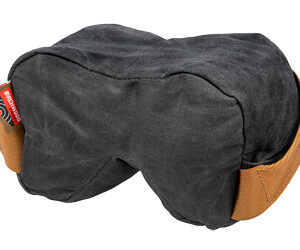 Dark gray U-shaped travel neck pillow with tan brown straps for neck support during travel