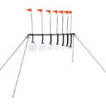 Row of vertical poles with orange pennant flags forming a lightweight obstacle, supported by a frame and angled legs.