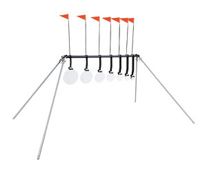 Row of vertical poles with orange pennant flags forming a lightweight obstacle, supported by a frame and angled legs.