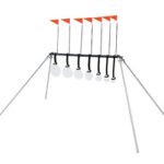 Portable training rig with a horizontal bar holding multiple hanging weight discs and orange pennant flags on top.